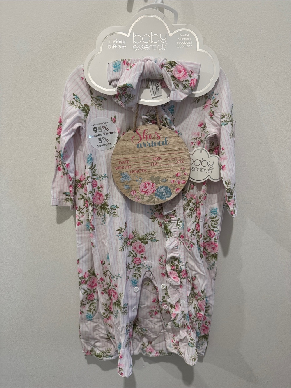 Baby Essentials Floral Pink and Green Ruffled Romper Set